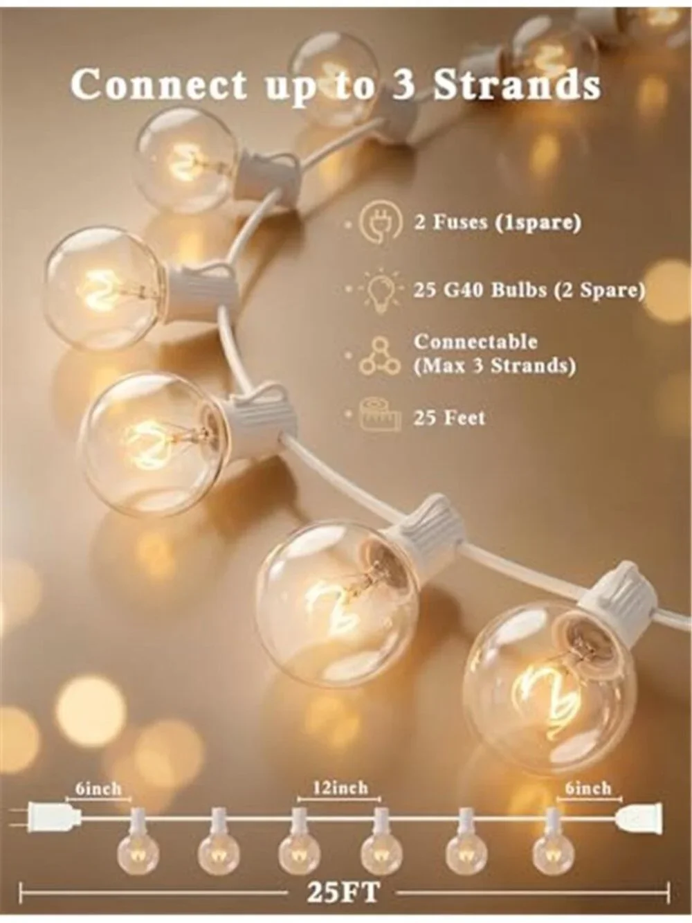 25FT Outdoor White String Lights, G40 Globe Patio Lights with 27 Clear G40 Bulbs